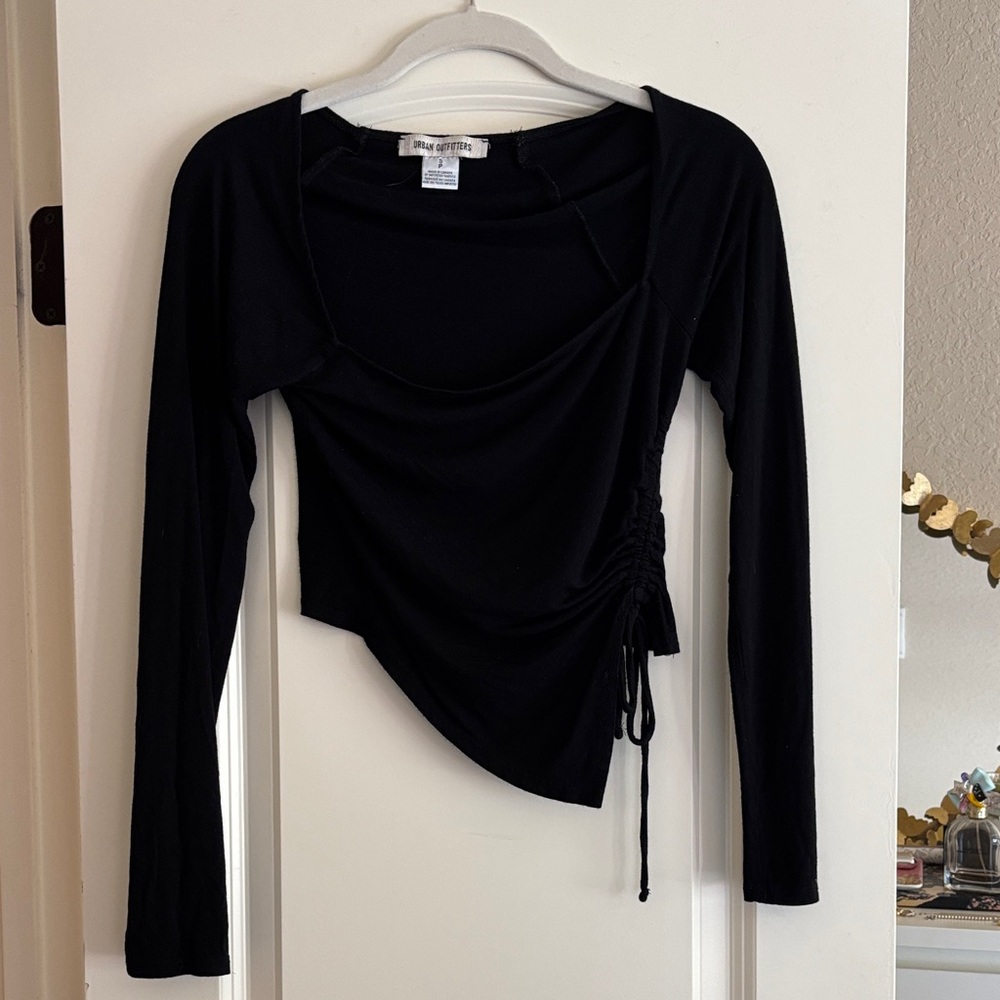Black Asymmetrical Ruched Long Sleeve Top